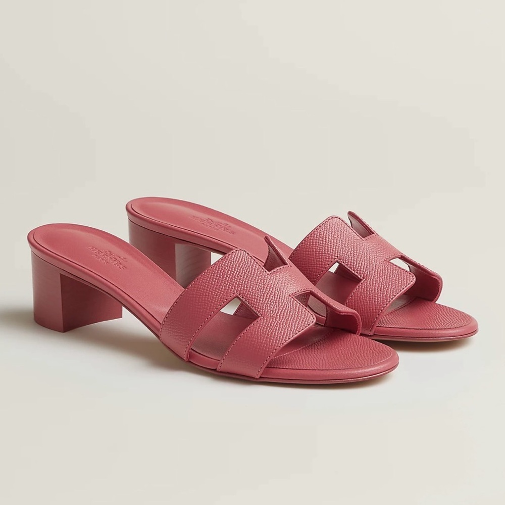Hermes Pink Leather Block Heel Slide Sandals